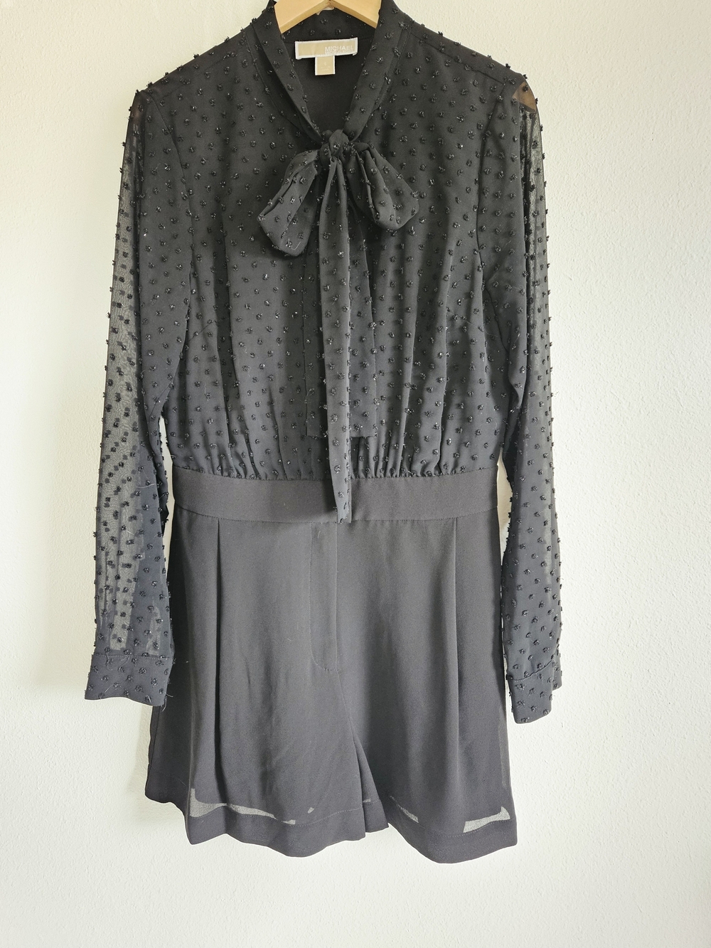 Michael Kors Black Textured Dot Tie-Neck Romper